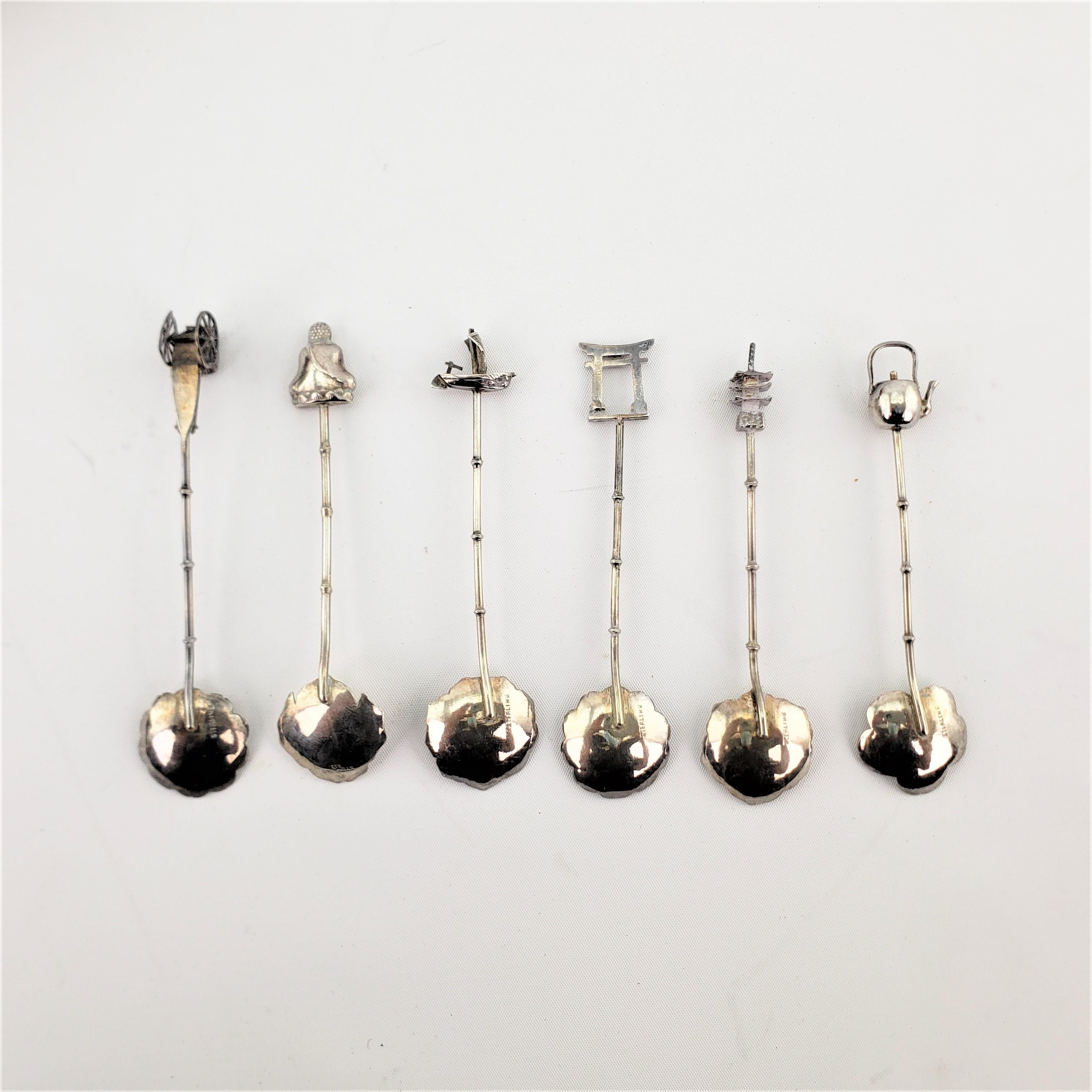 Machine-Made Set of 6 Sterling Silver Figural Japanese Coffee Sugar Spoons with Fitted Case For Sale