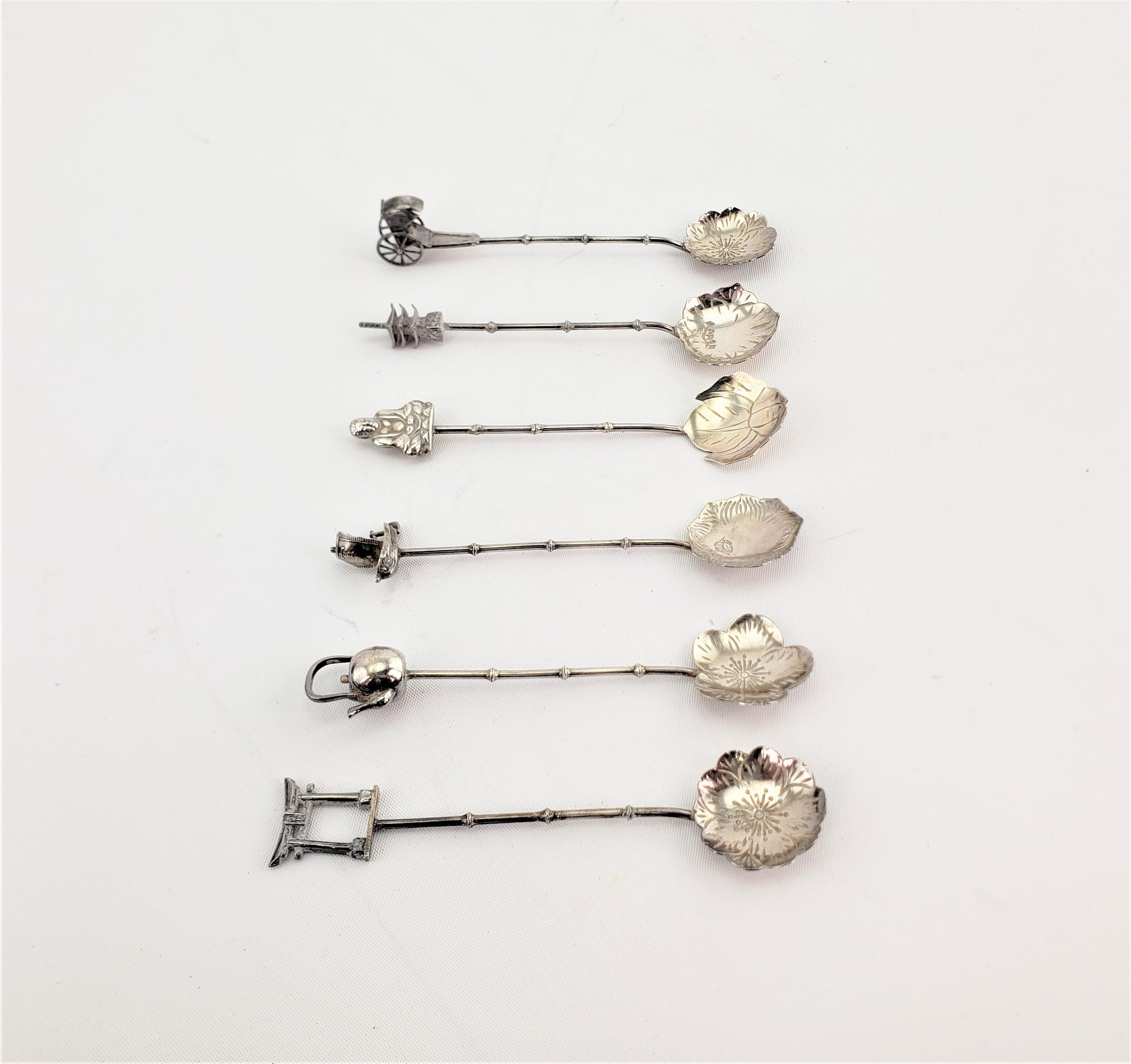 Set of 6 Sterling Silver Figural Japanese Coffee Sugar Spoons with Fitted Case In Good Condition For Sale In Hamilton, Ontario