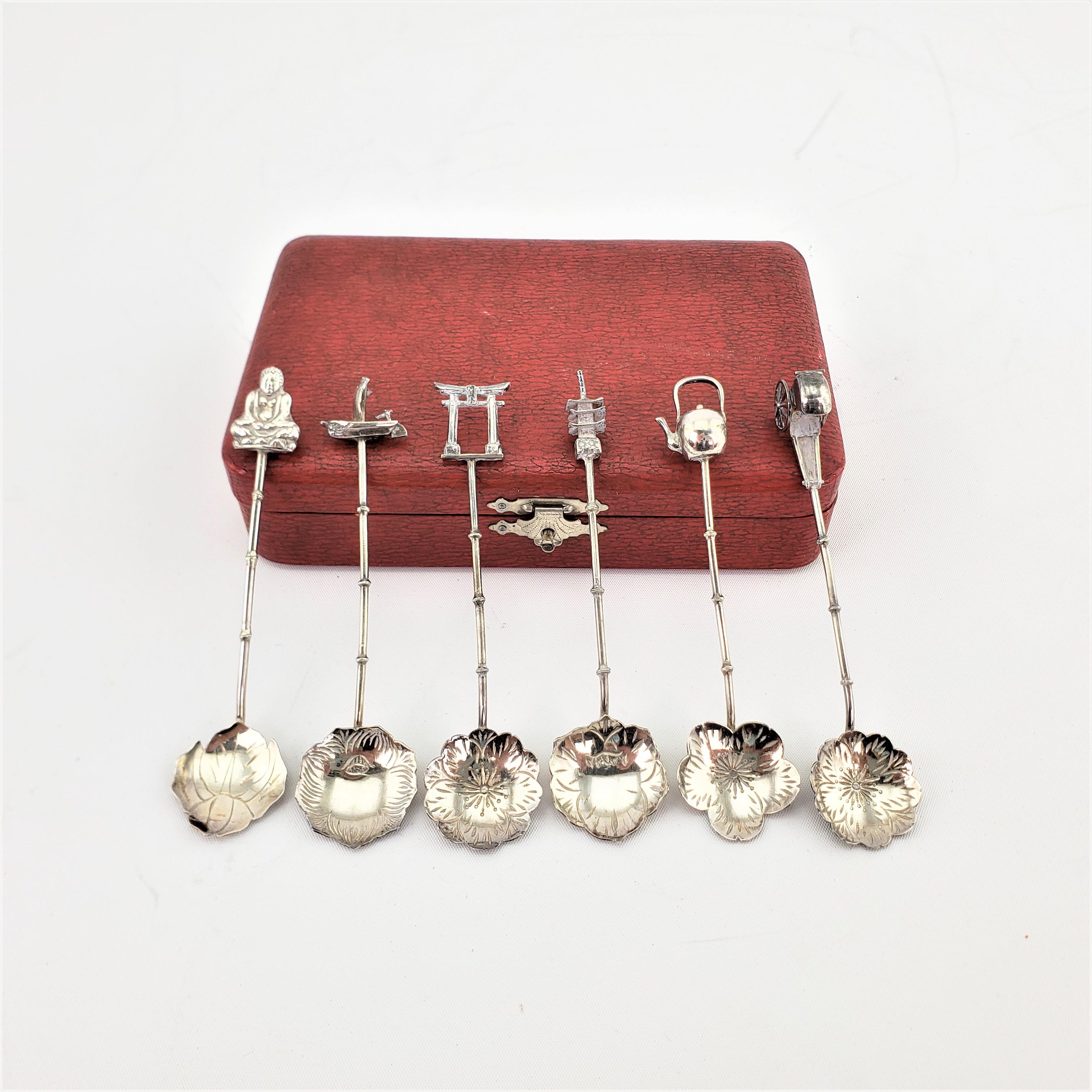20th Century Set of 6 Sterling Silver Figural Japanese Coffee Sugar Spoons with Fitted Case For Sale