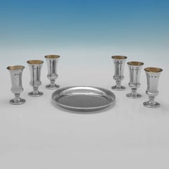 Set of 6 sterling silver kiddush cups on a tray - Birmingham 1976 & 1986
