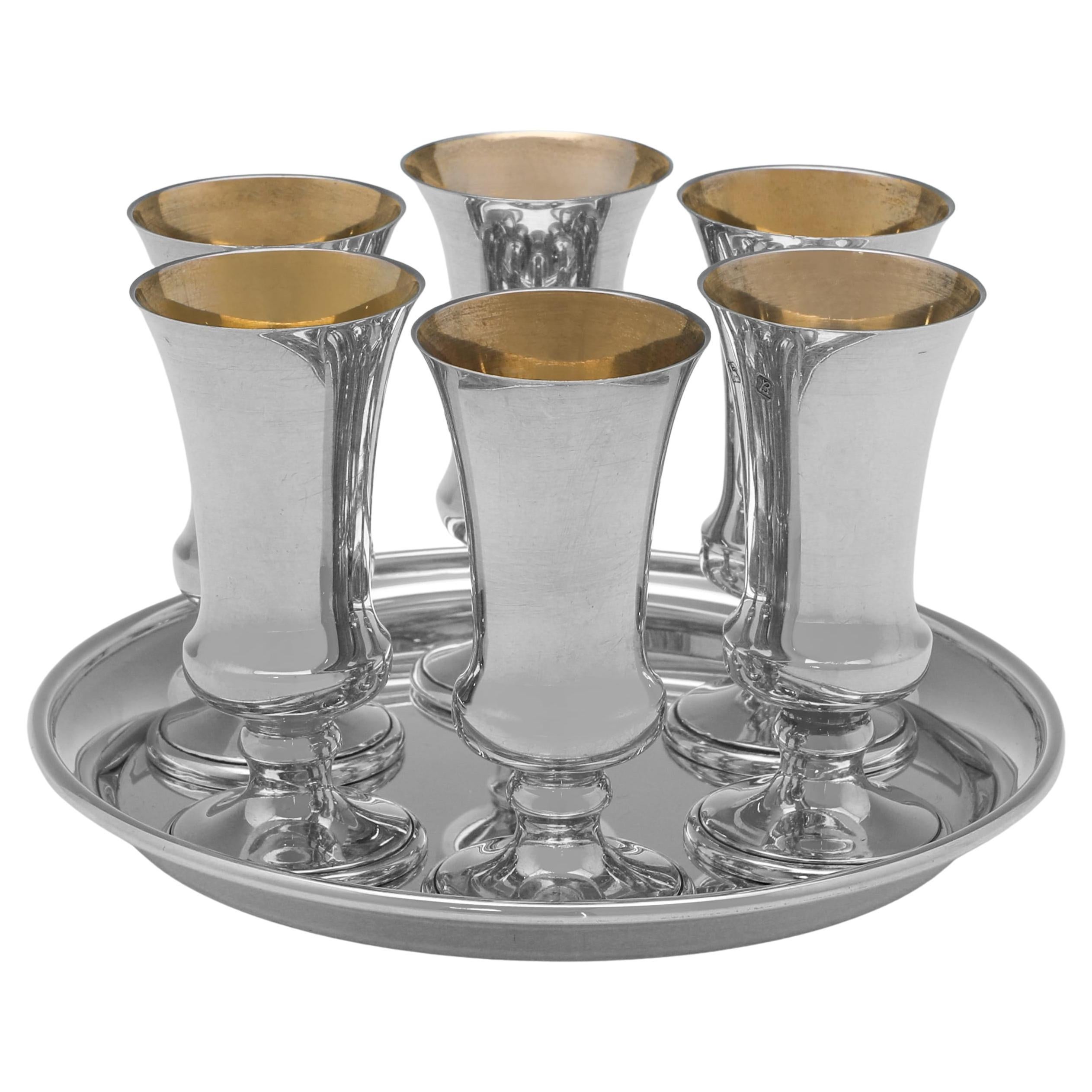 Set of 6 sterling silver kiddush cups on a tray - Birmingham 1976 & 1986