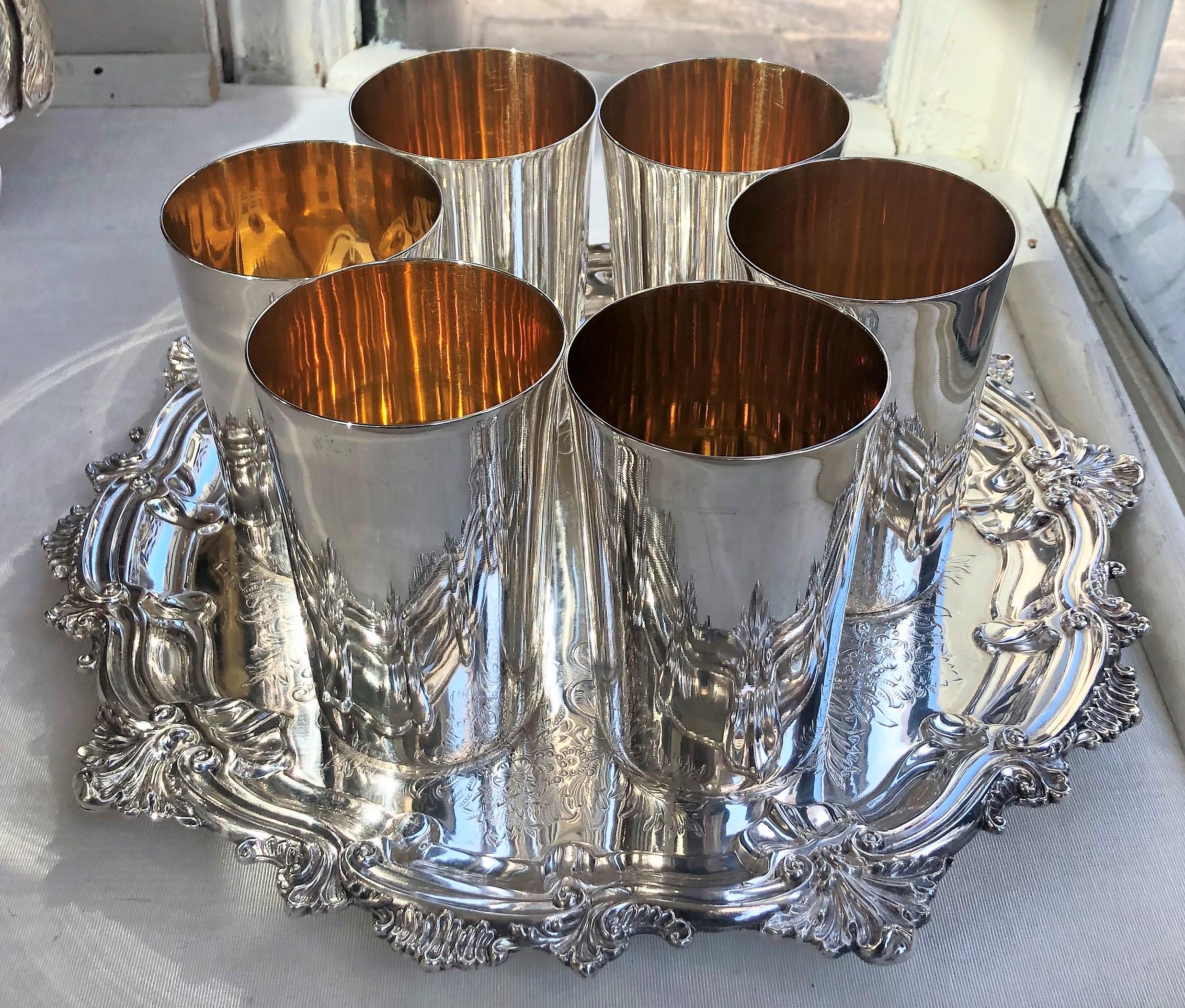 Set of 6 Sterling Silver Tumblers with 24-Karat Gold Interiors, circa 1900 In Good Condition In New Orleans, LA