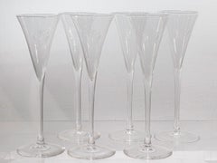 Set of 6 Steuben Crystal Fluted Champagne Glasses with Engraved Birds & Monogram