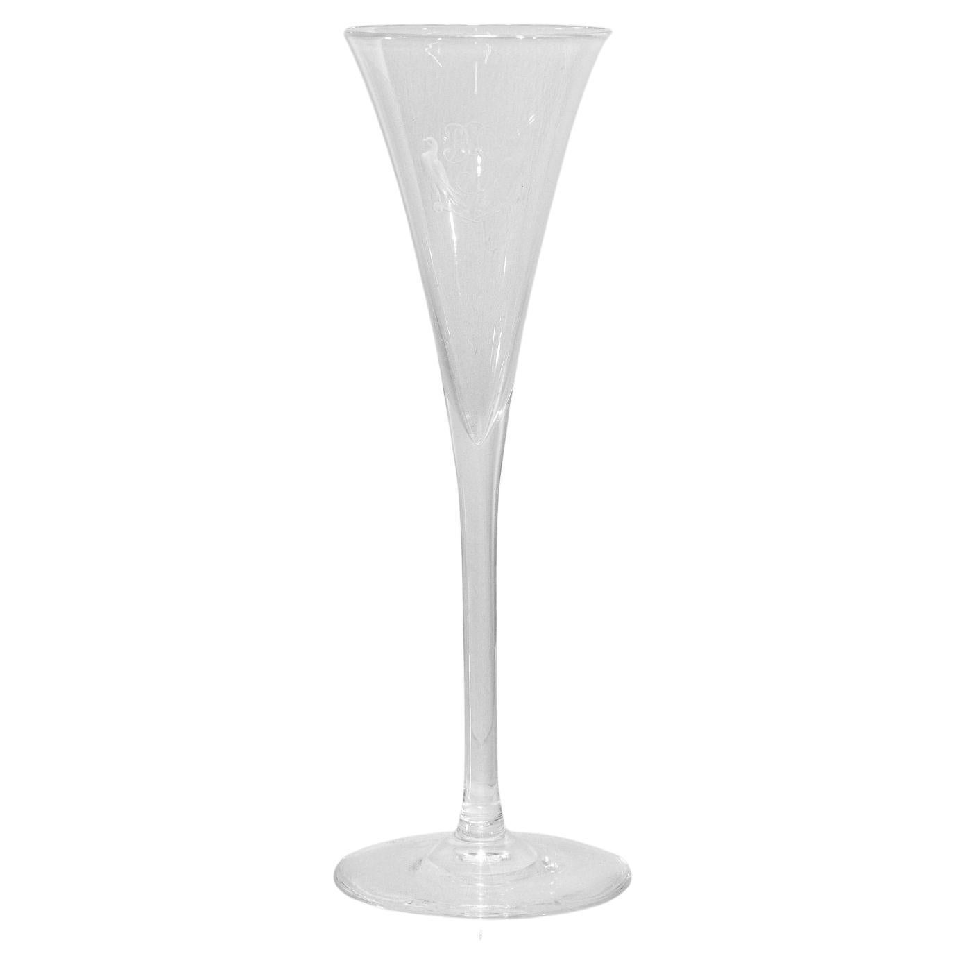 Set of 6 Steuben Crystal Fluted Champagne Glasses with Engraved Birds & Monogram For Sale