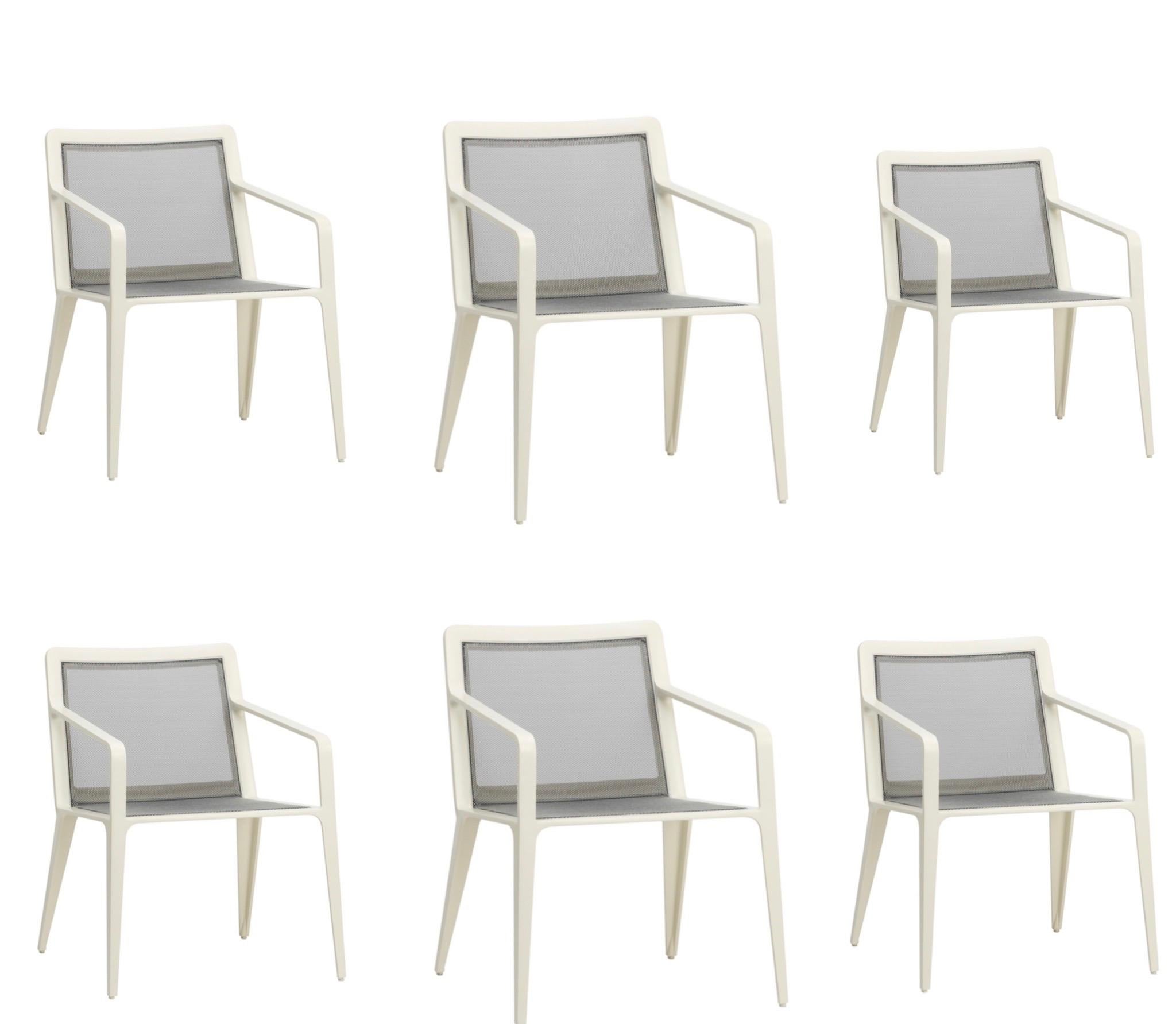 Brown Jordan still arm chair

Set of 6 crafted of strong, lightweight aluminum with a smooth, white powder-coated finish that stands up to the elements. Sculpted with softened edges and angles, Still, designed by Richard Frinier, instantly conveys