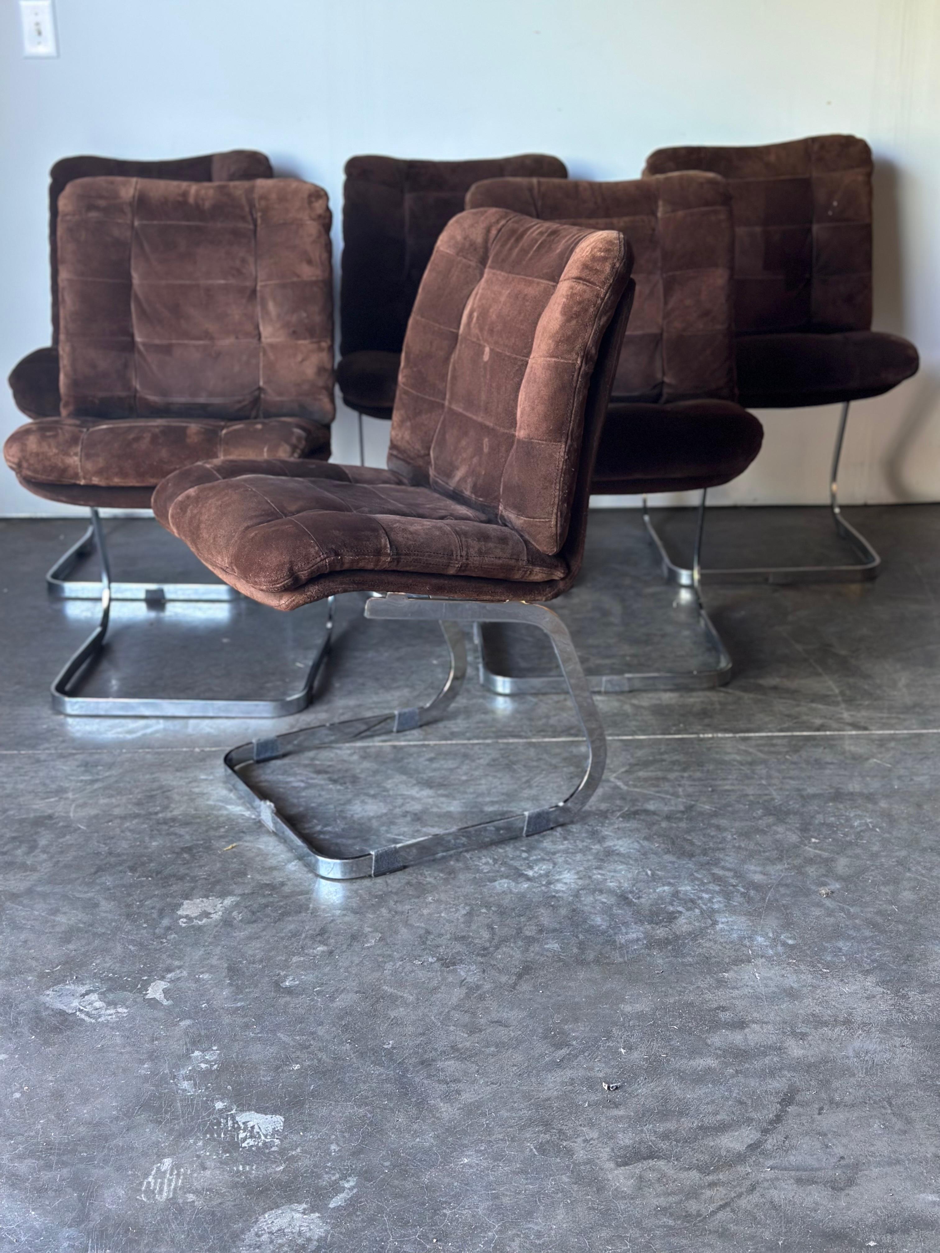 Mid-Century Modern Set of 6 Suede and Chrome Roche Bobois Chairs, France c. 1970s