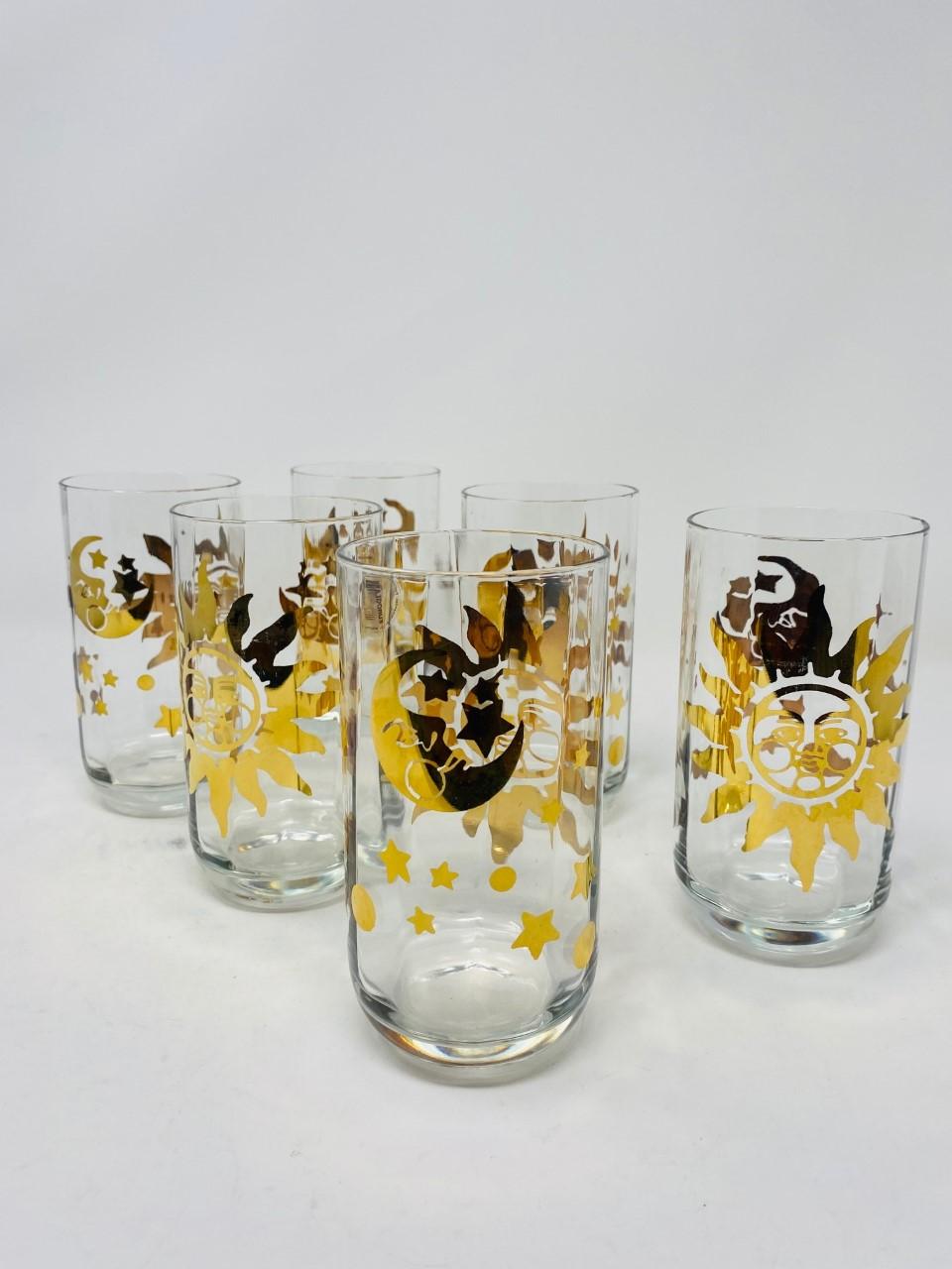 Set of 6 Sun Moon and Stars High Ball Crystal Glasses 1990s Made in Italy In Good Condition For Sale In San Diego, CA