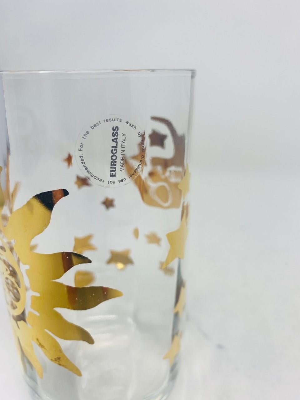 Set of 6 Sun Moon and Stars High Ball Crystal Glasses 1990s Made in Italy For Sale 1