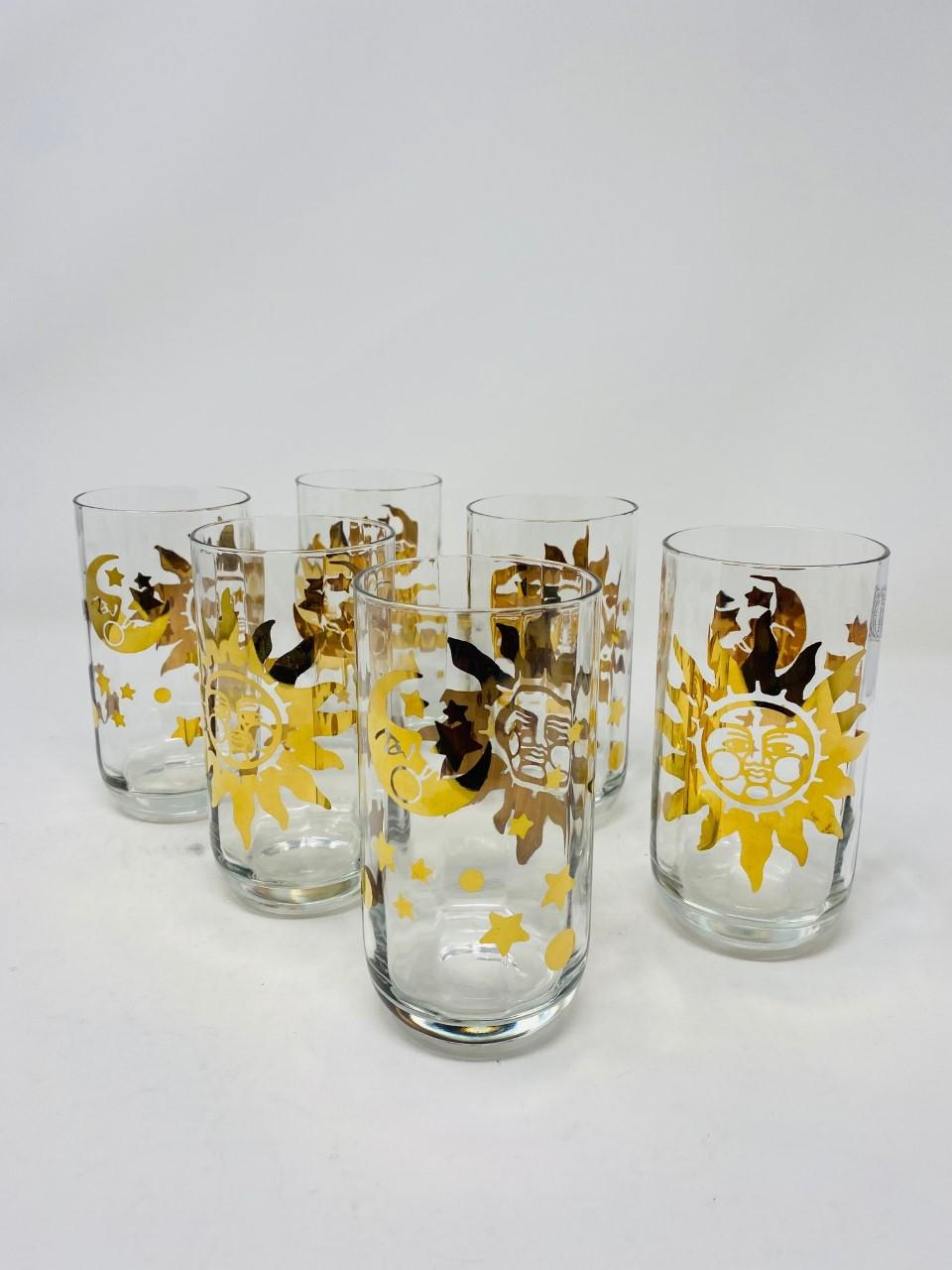 Set of 6 Sun Moon and Stars High Ball Crystal Glasses 1990s Made in Italy For Sale 2