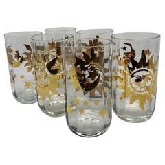 Set of 6 Sun Moon and Stars High Ball Crystal Glasses 1990s Made in, Italy
