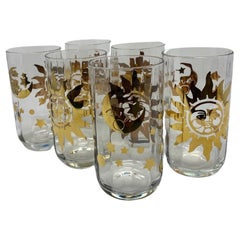 Set of 6 Sun Moon and Stars High Ball Crystal Glasses 1990s Made in Italy