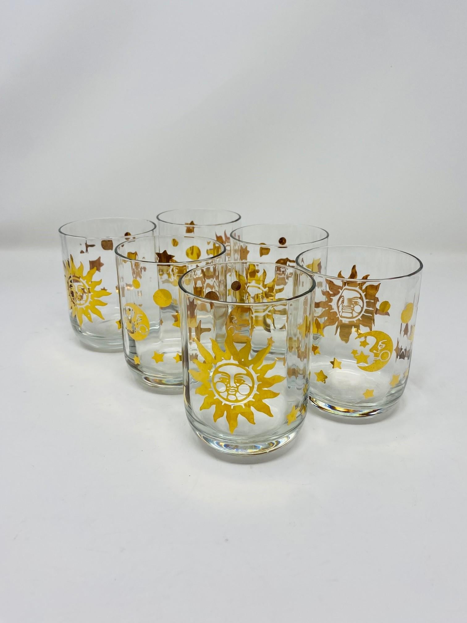 Modern Set of 6 Sun Moon and Stars Old Fashioned Crystal Glasses 1990s Made in Italy For Sale