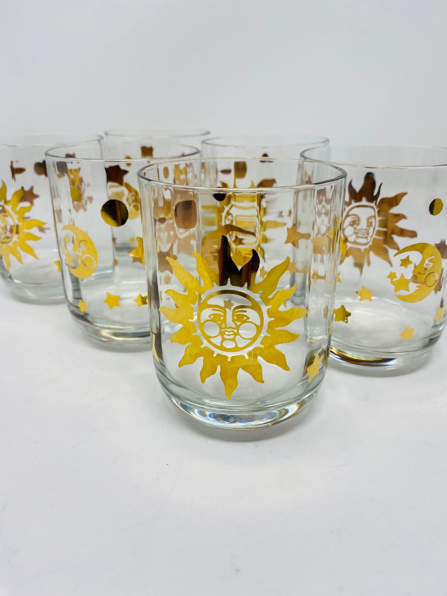 Hand-Crafted Set of 6 Sun Moon and Stars Old Fashioned Crystal Glasses 1990s Made in Italy For Sale