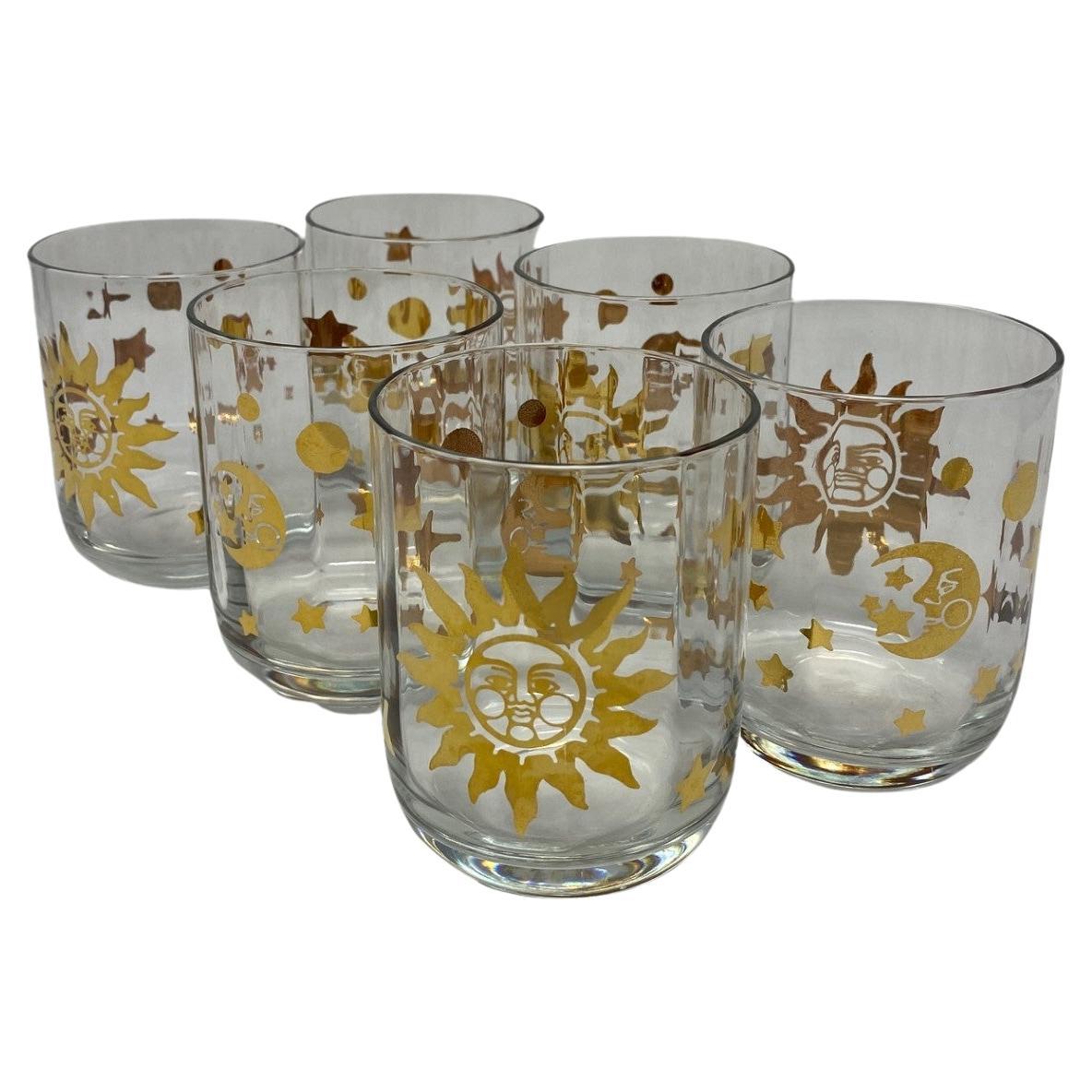 Set of 6 Sun Moon and Stars Old Fashioned Crystal Glasses 1990s Made in Italy For Sale