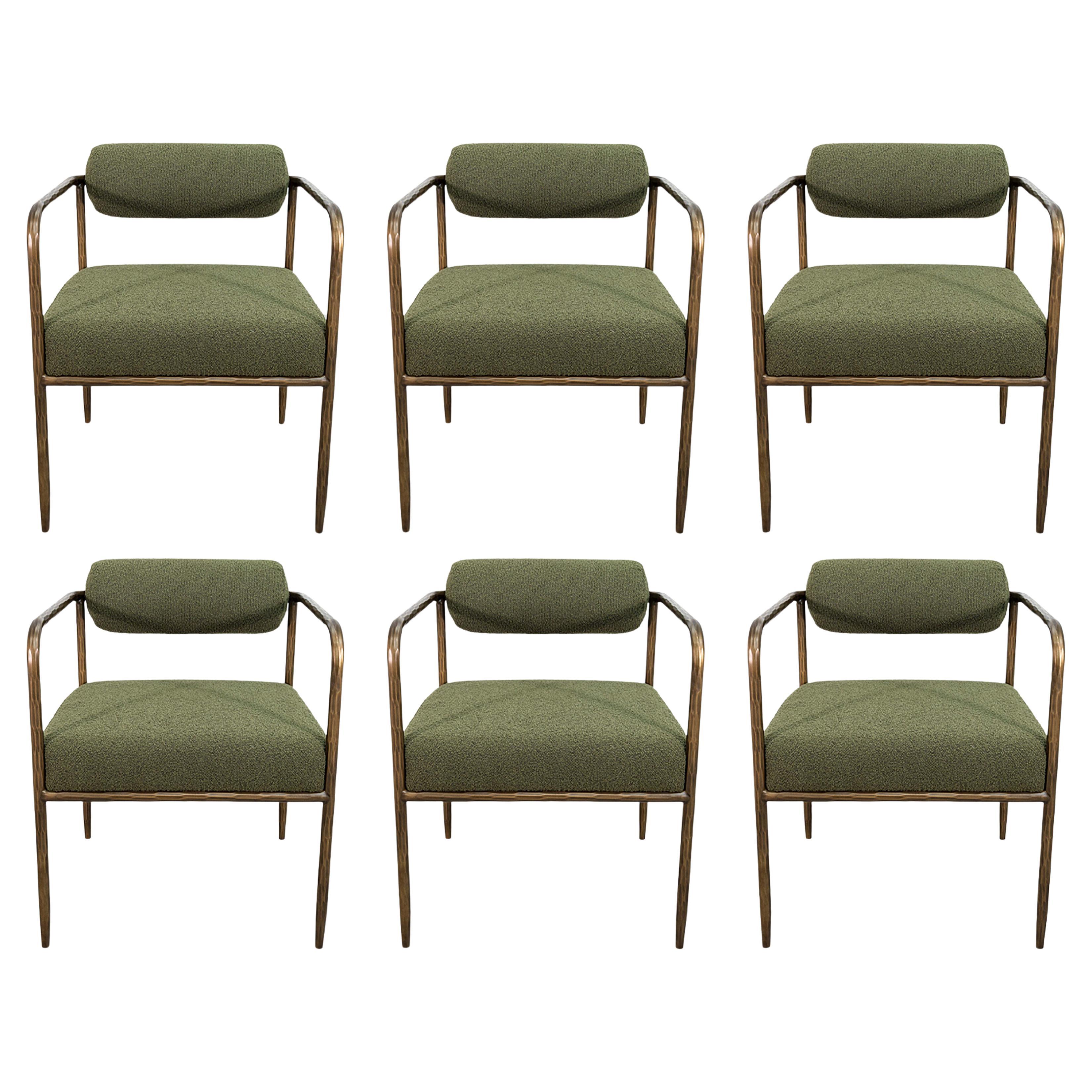 Set of 6 Sunpan Ajani Olive Green and Brass Contemporary Modern Dining Armchairs For Sale