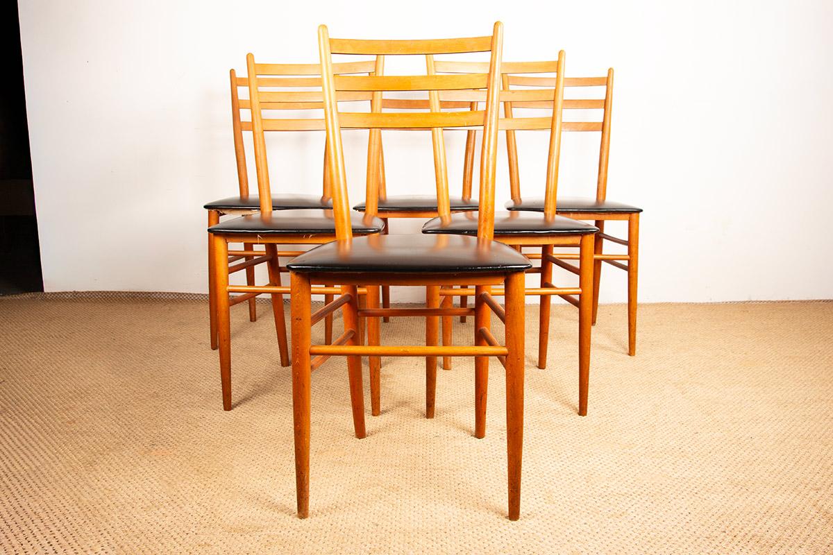 Set of 6 Swedish chairs in curved solid elm and black skai by Yngve Ekstrom 1960 For Sale 10