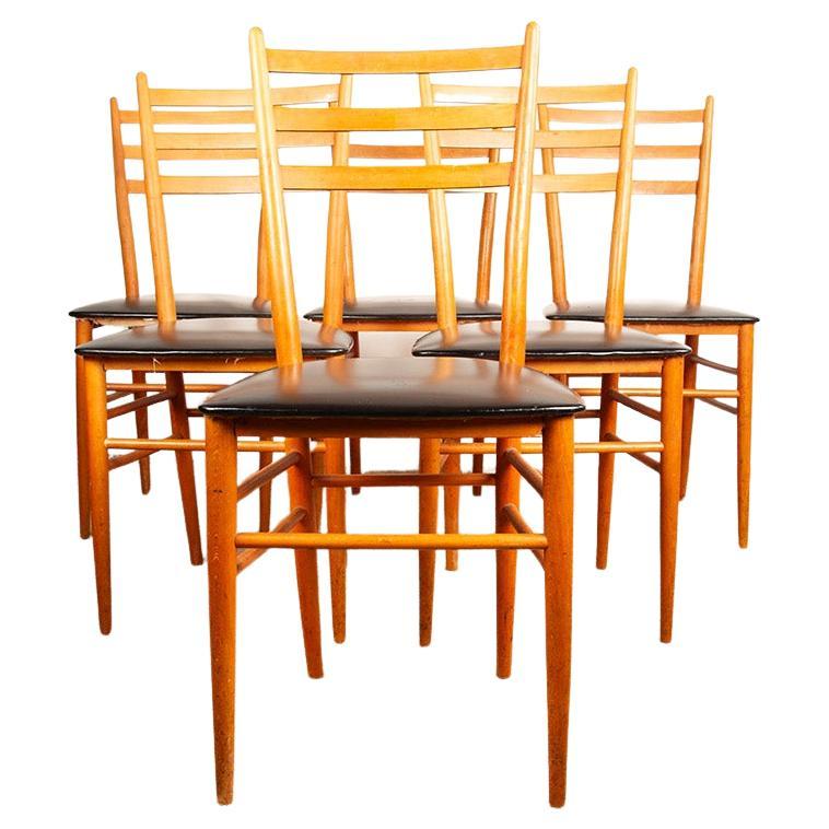 Set of 6 Swedish chairs in curved solid elm and black skai by Yngve Ekstrom 1960 For Sale