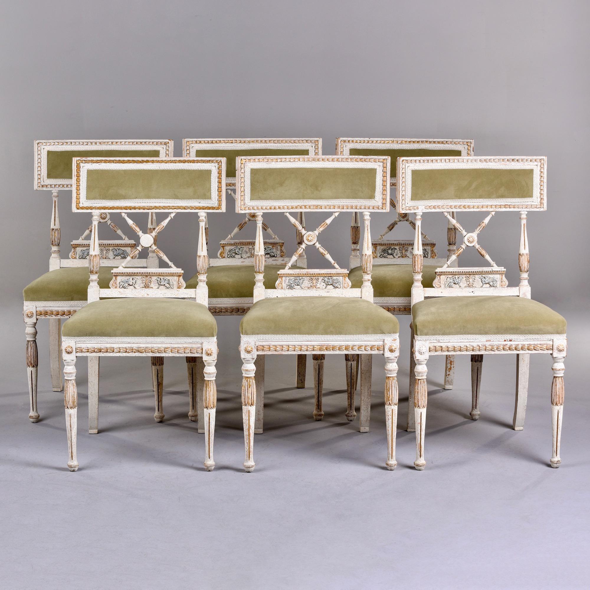 Set of 6 Swedish Gustavian Style Painted Chairs with New Upholstery In Good Condition In Troy, MI
