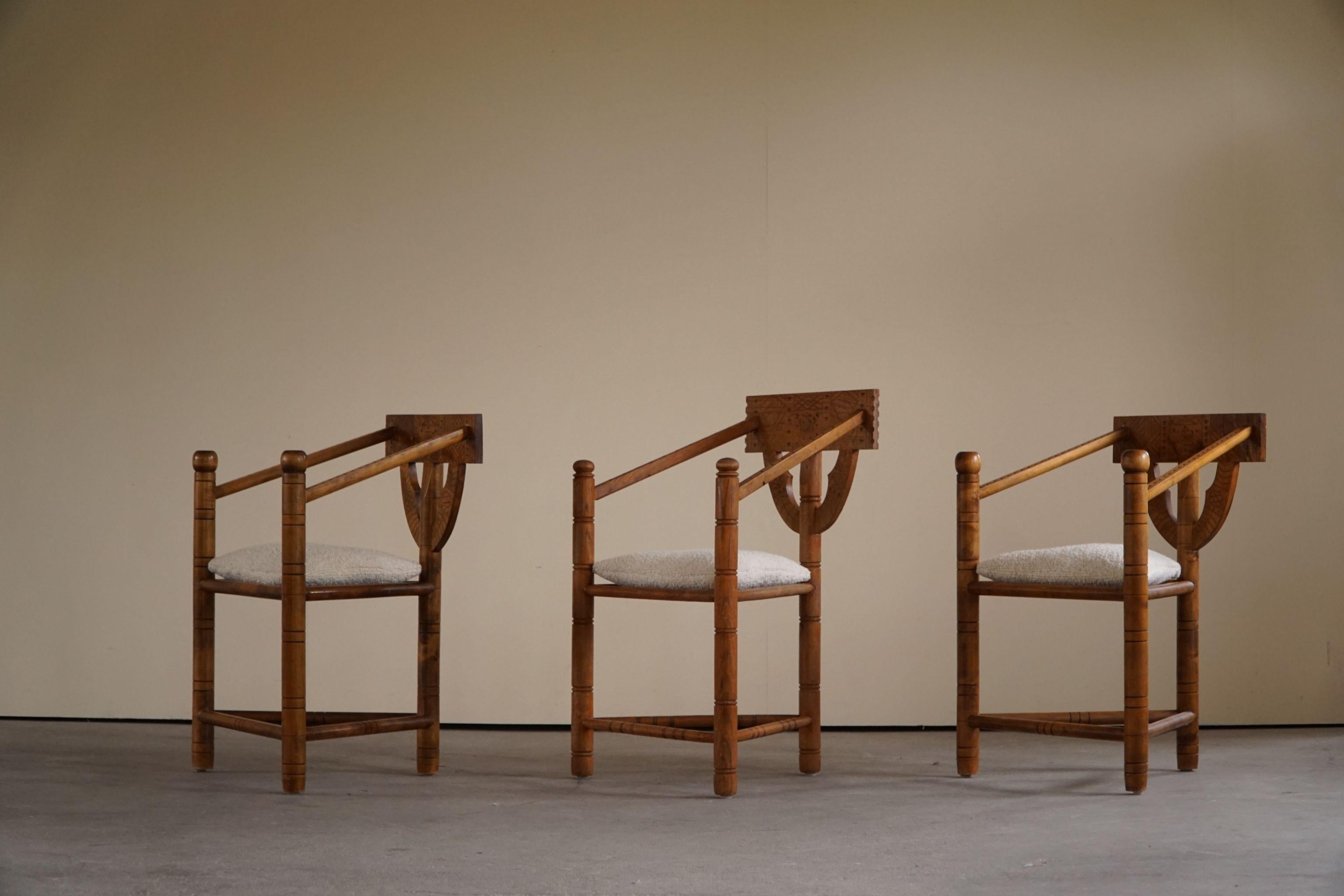 Set of 6 Swedish Monk Chairs with Bouclé Seats, Wabi Sabi, Early 20th Century For Sale 7