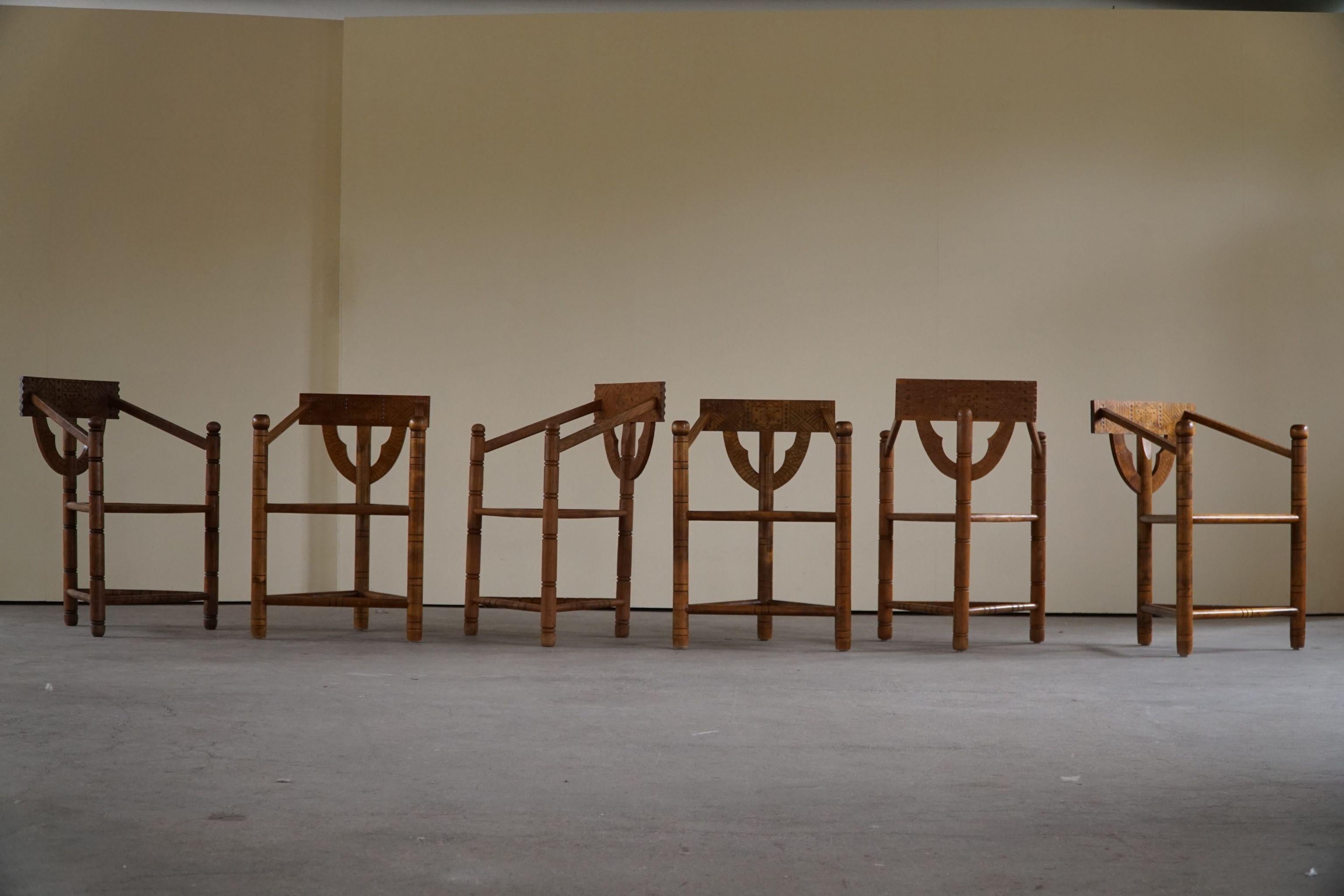 Set of 6 Swedish Monk Chairs with Bouclé Seats, Wabi Sabi, Early 20th Century For Sale 14