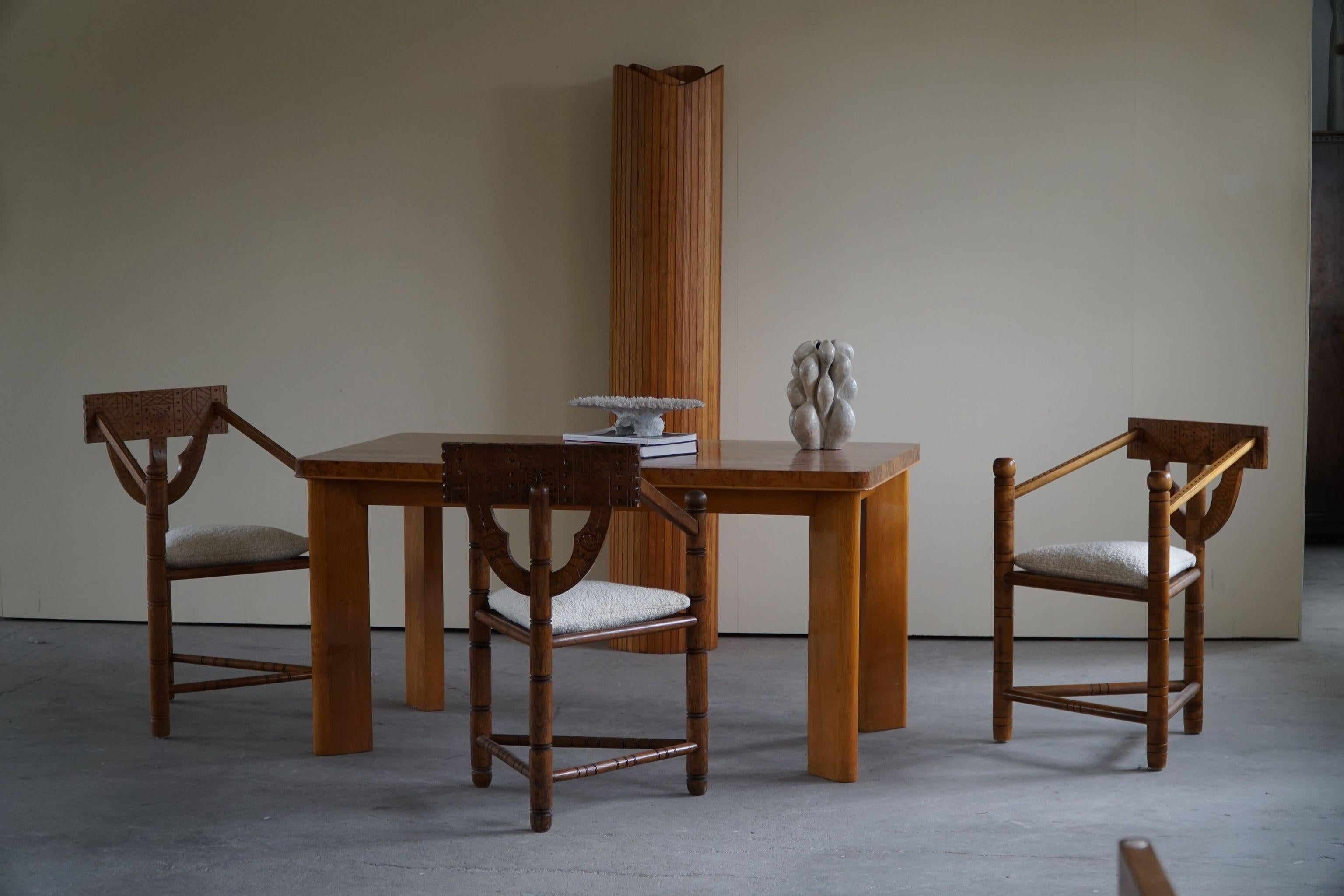 Scandinavian Modern Set of 6 Swedish Monk Chairs with Bouclé Seats, Wabi Sabi, Early 20th Century For Sale