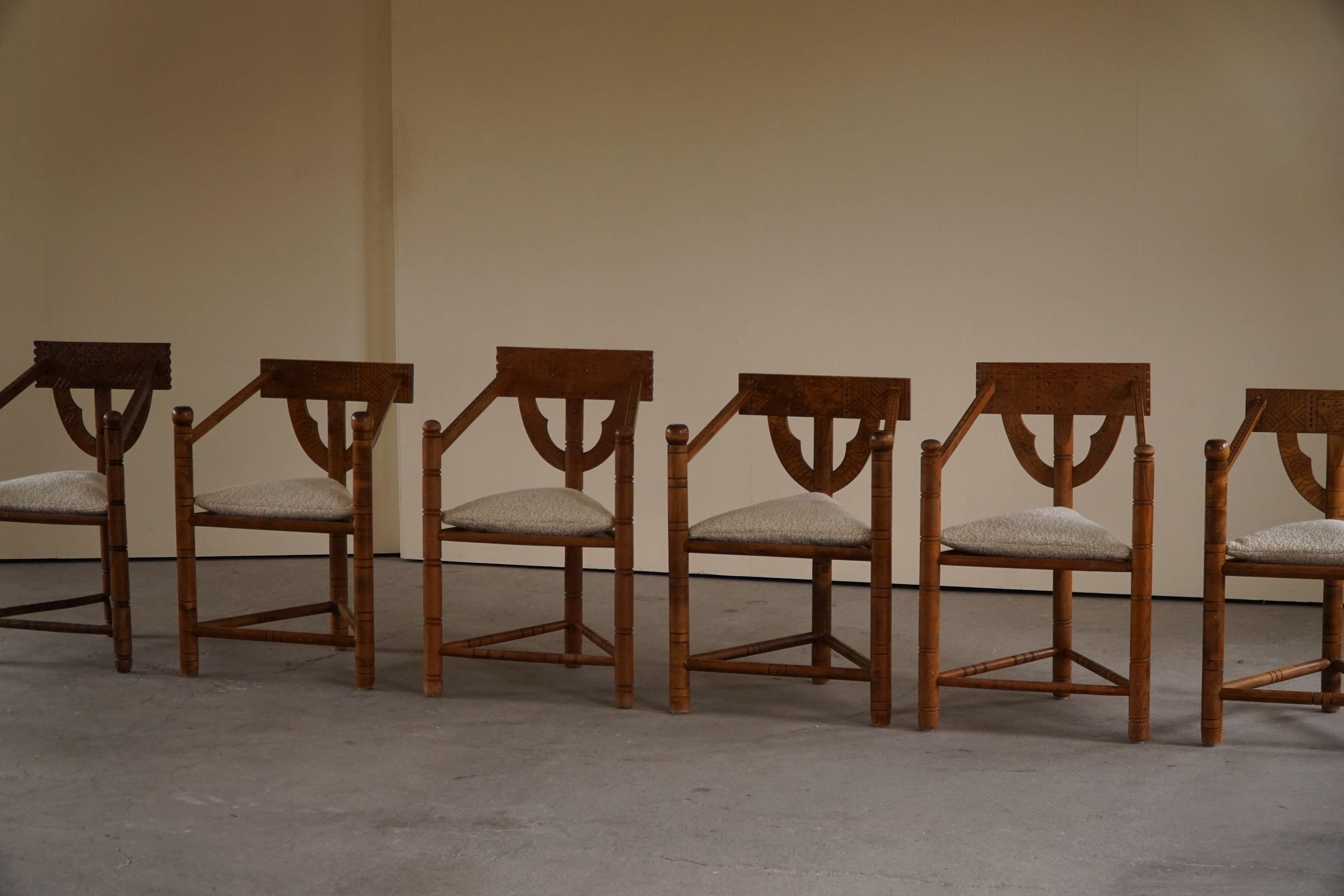 Set of 6 Swedish Monk Chairs with Bouclé Seats, Wabi Sabi, Early 20th Century For Sale 1