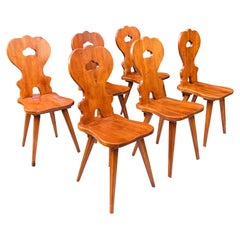 Vintage Set of 6 Swiss Handmade Farm House Carved Dining Chairs, Switzerland, 6 Pieces