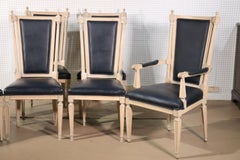 Set of 6 Tall Back Cerused and Black Upholstered French Louis XVI Dining Chairs