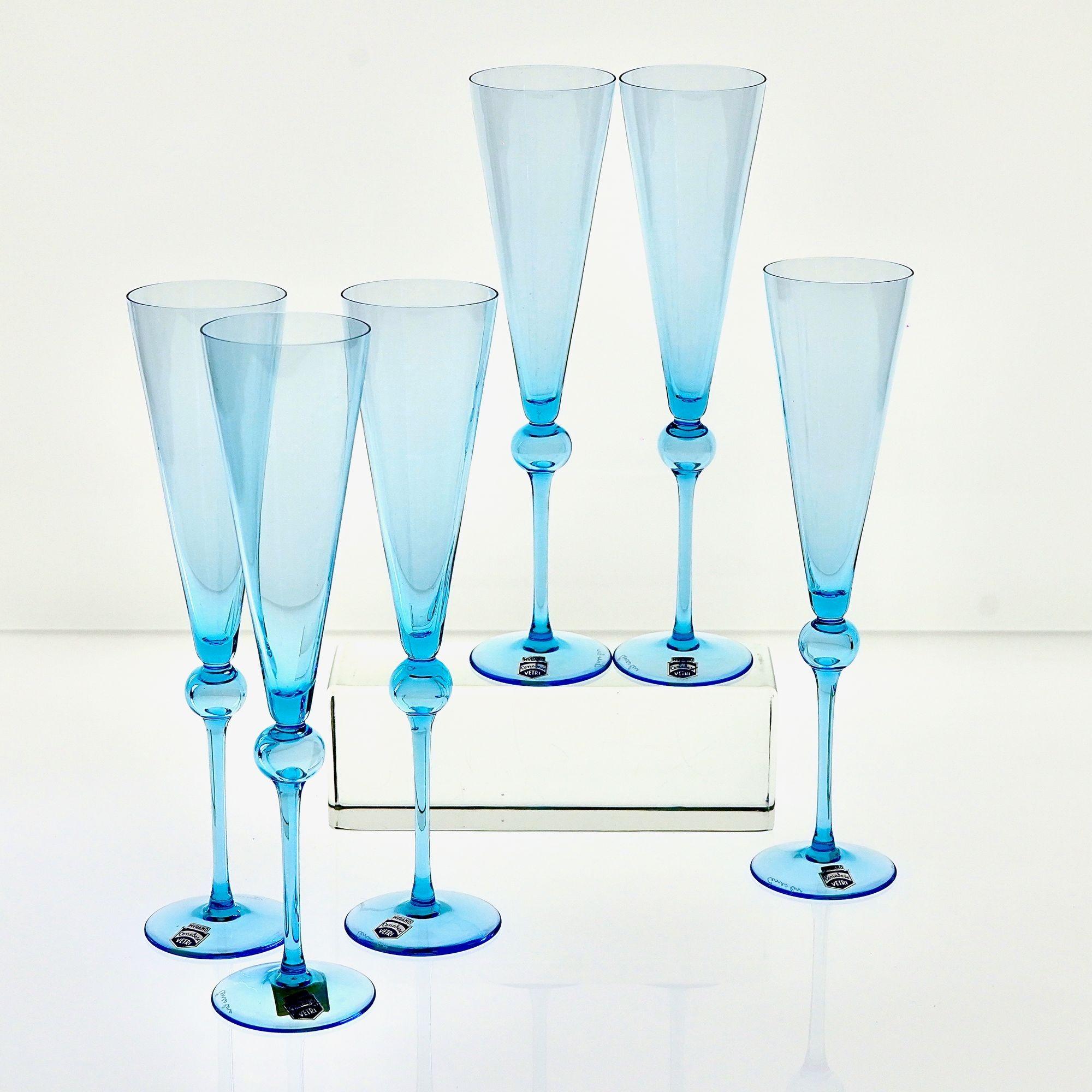 Satz von 6 hohen Flöten, Murano-Glas, signiert Cenedese in zartem Aquamarin-Glas. im Angebot 2