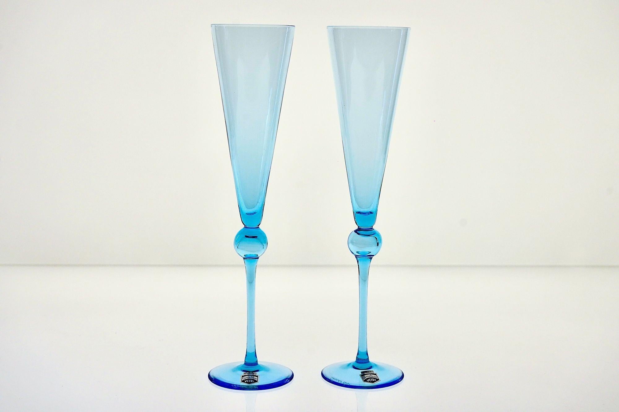 Satz von 6 hohen Flöten, Murano-Glas, signiert Cenedese in zartem Aquamarin-Glas. im Angebot 5