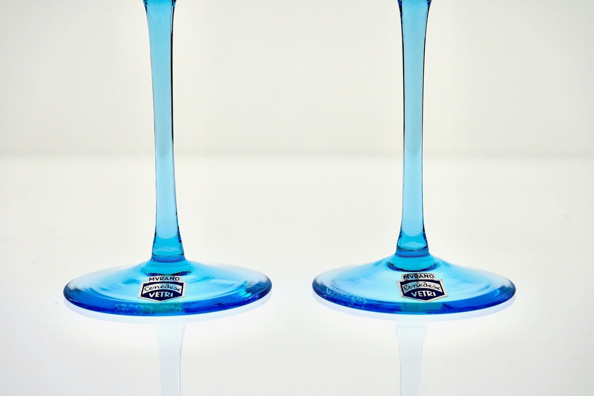 Satz von 6 hohen Flöten, Murano-Glas, signiert Cenedese in zartem Aquamarin-Glas. im Angebot 8