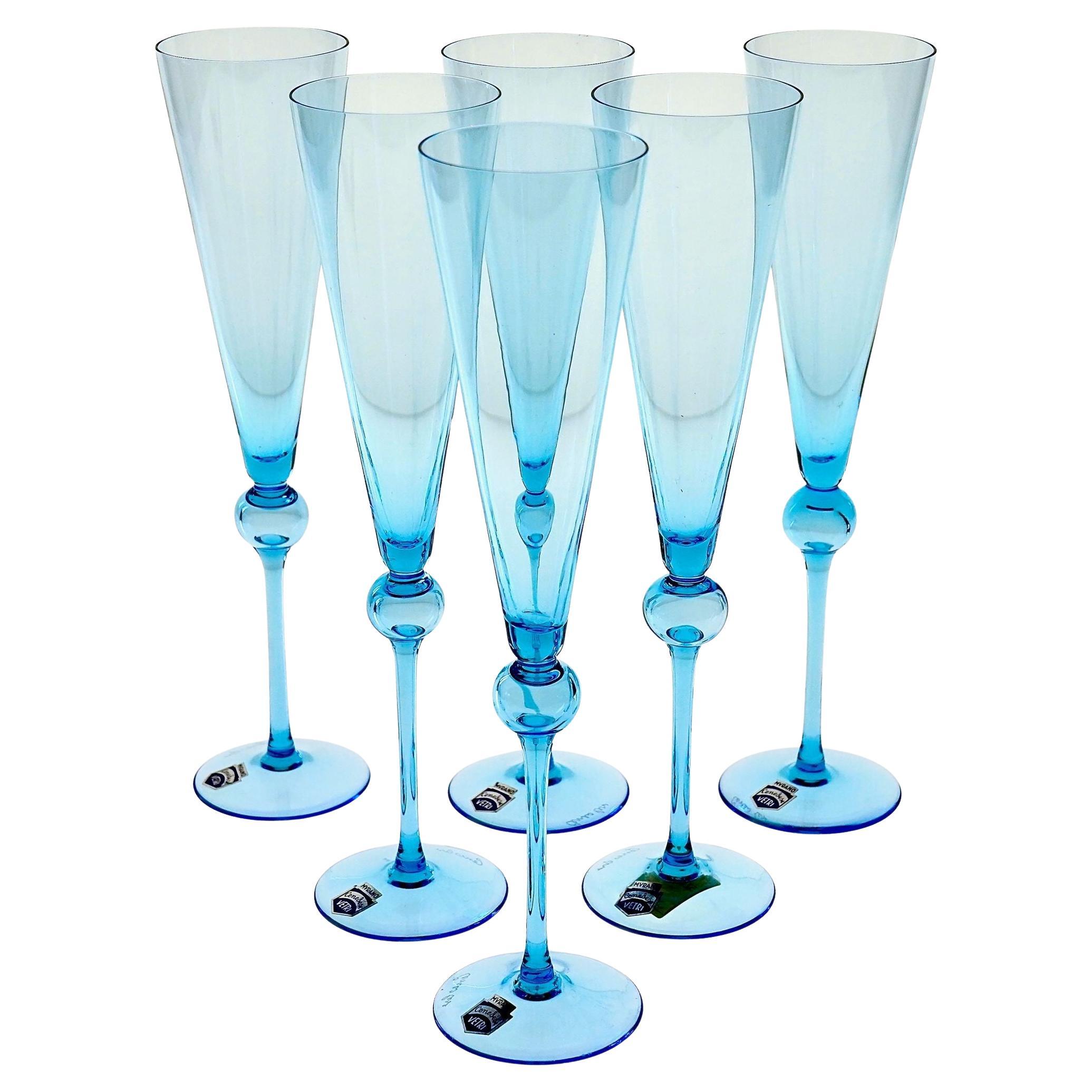 Set of 6 Tall Flutes, Murano Glass Signed Cenedese in Delicate Aquamarine Glass.