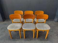 Set of 6 Teak and Blue Upholstered Dining Chairs