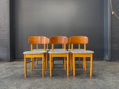 Set of 6 Teak and Blue Upholstered Dining Chairs