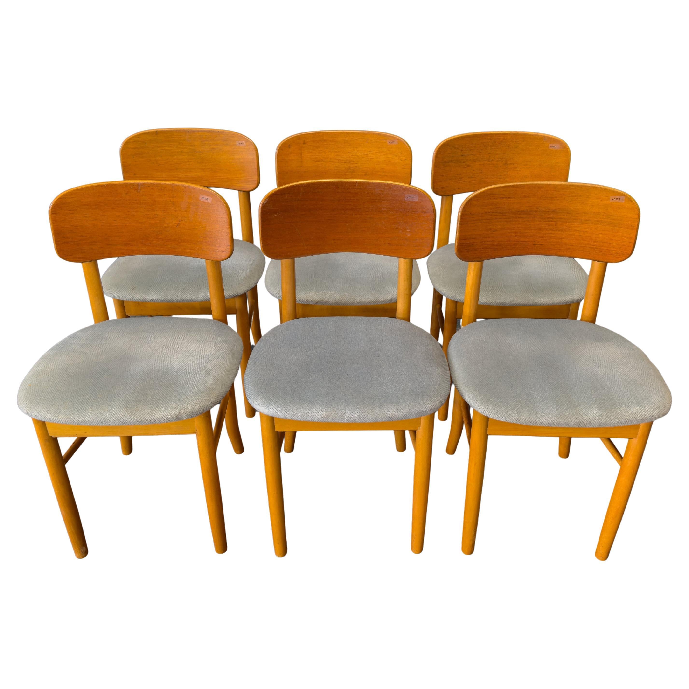 Ensemble de 6 chaises de salle à manger en teck et tapisserie bleue en vente