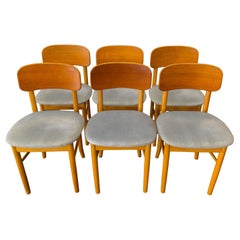 Set of 6 Teak and Blue Upholstered Dining Chairs
