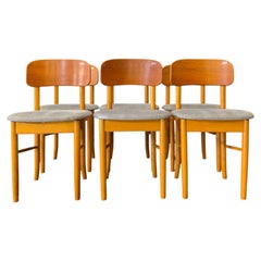 Set of 6 Teak and Blue Upholstered Dining Chairs