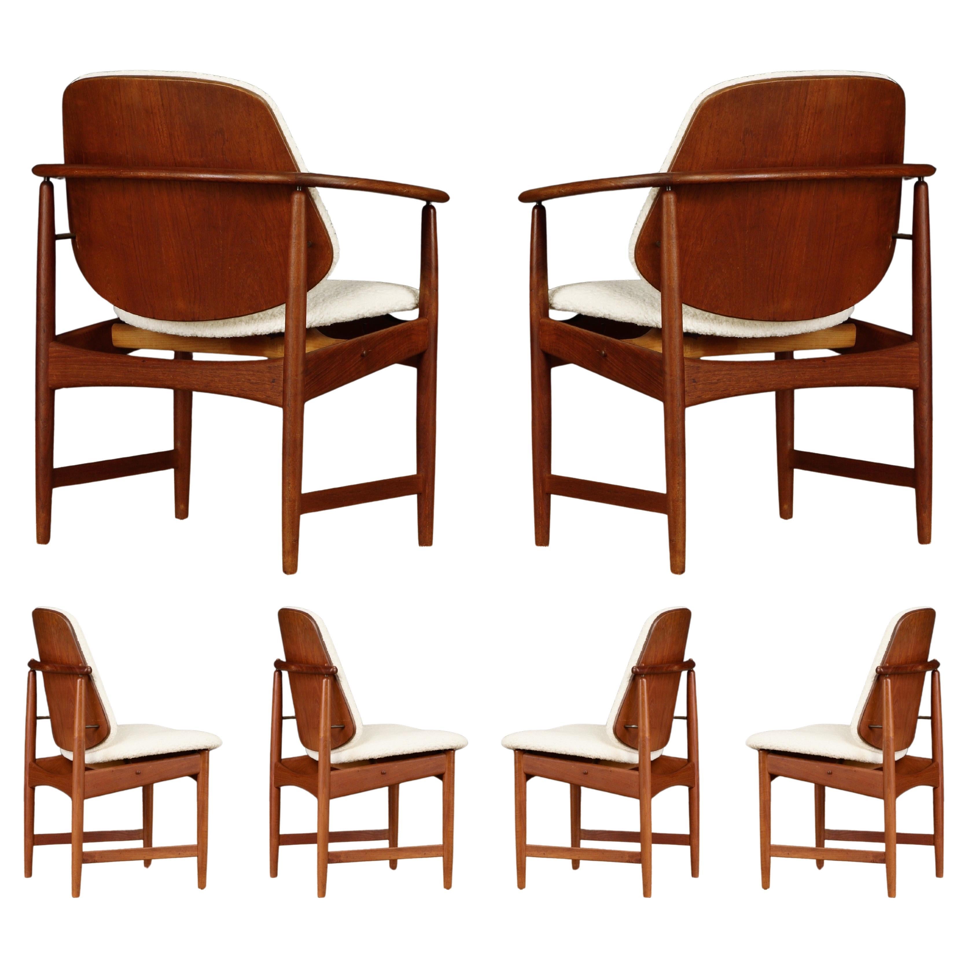Set of 6 Teak and Bouclé Dining Chairs by Arne Hovmand-Olsen, 1960s