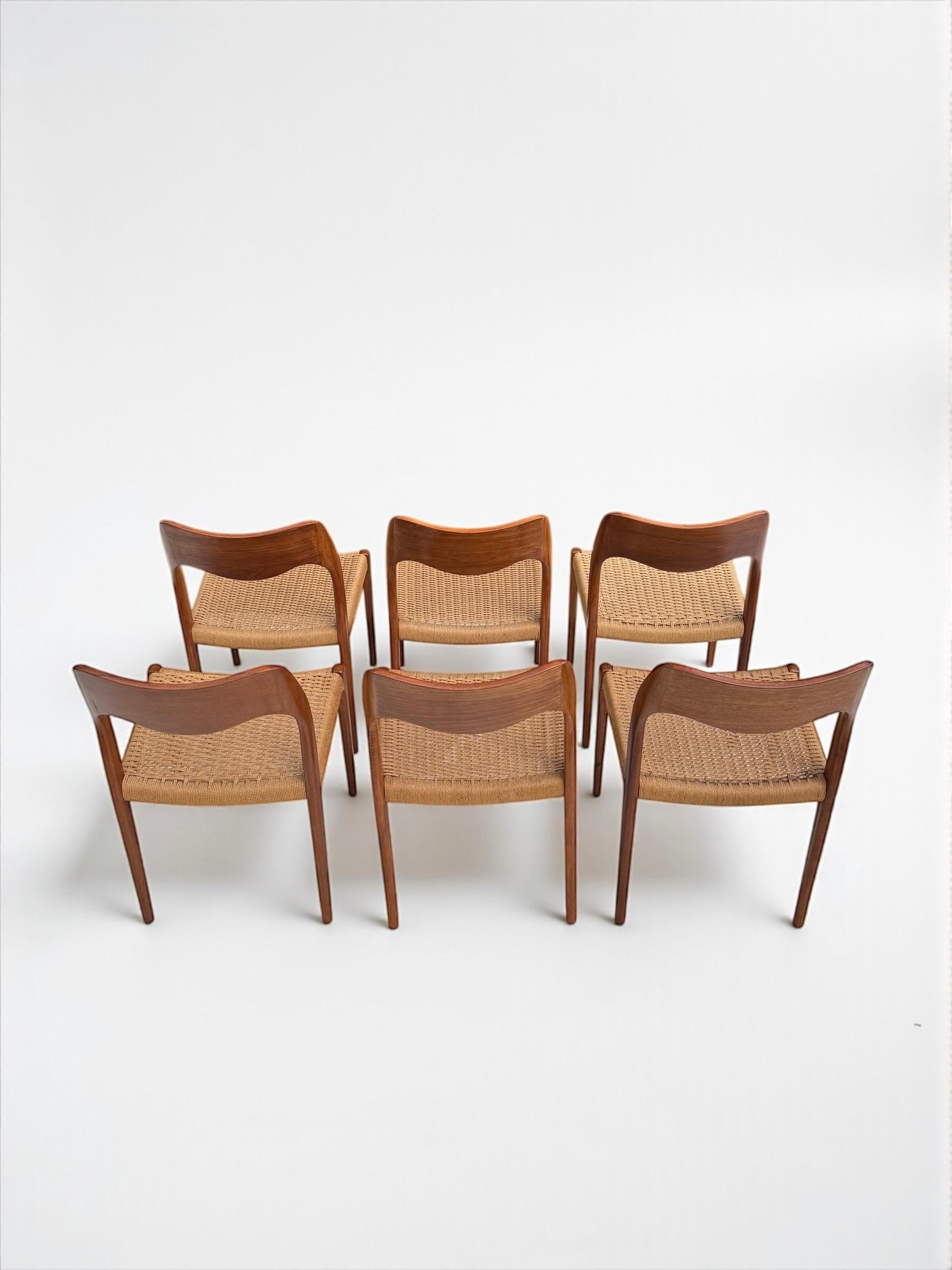 Set of 6 Teak and Paper Cord Model 71 Dining Chairs by Niels O Møller 1960's For Sale 4