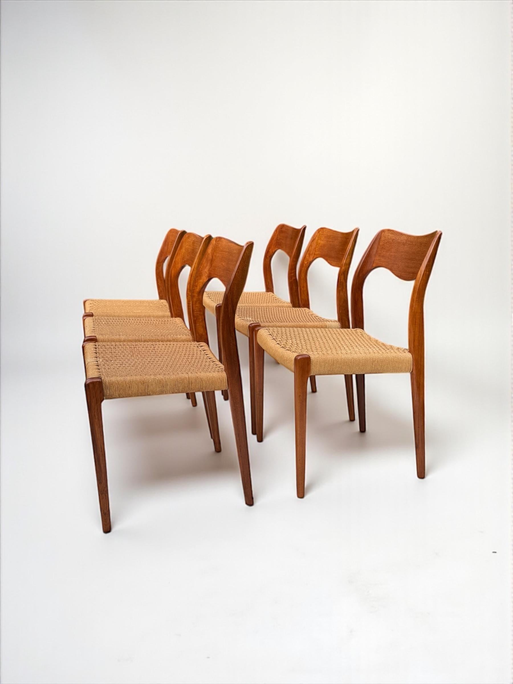Papercord Set of 6 Teak and Paper Cord Model 71 Dining Chairs by Niels O Møller 1960's For Sale