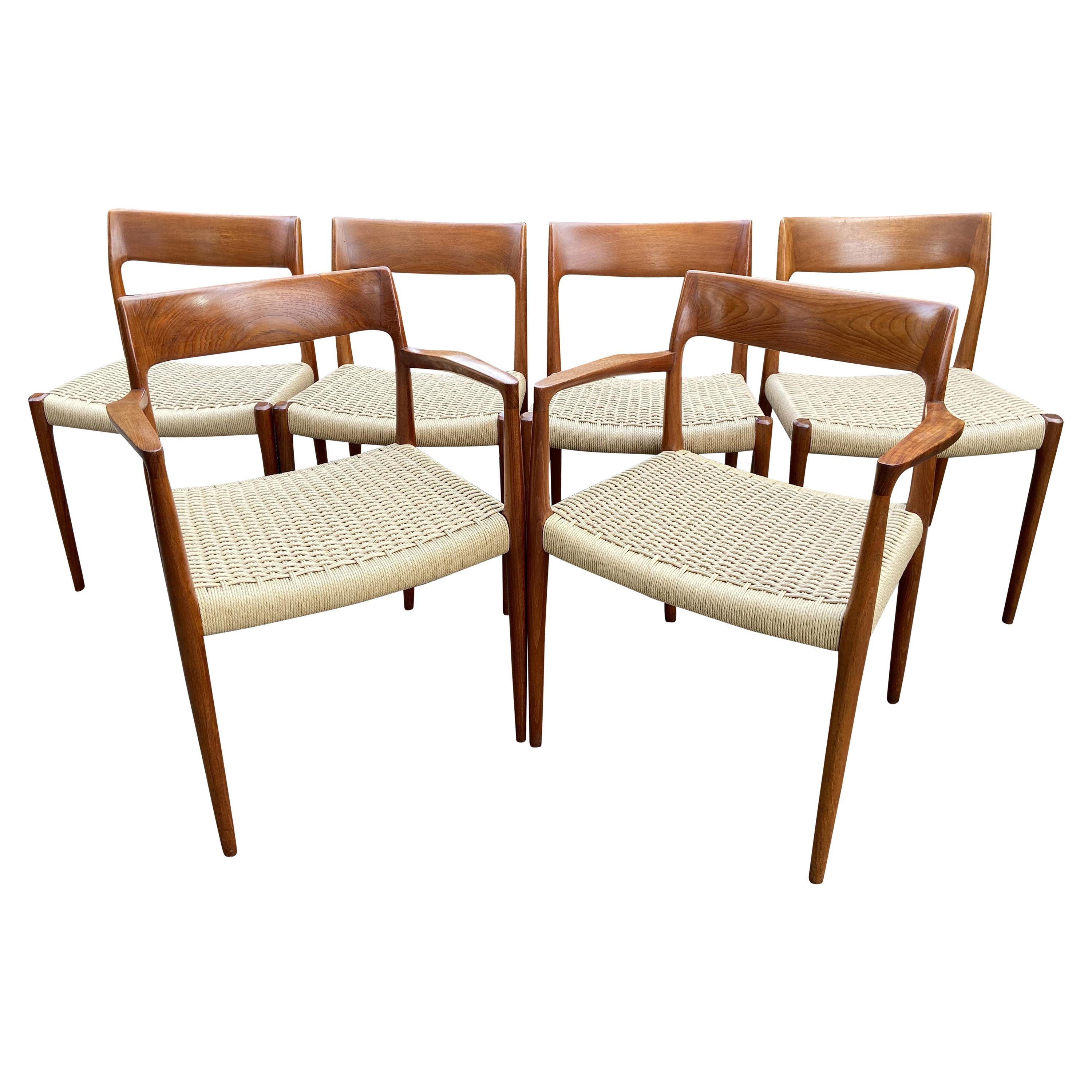 Set of 6 Teak and Papercord Dining Chairs by Niels O. Moller for J. L. Moller
