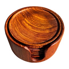 Set of 6 Teak Coasters with Holder