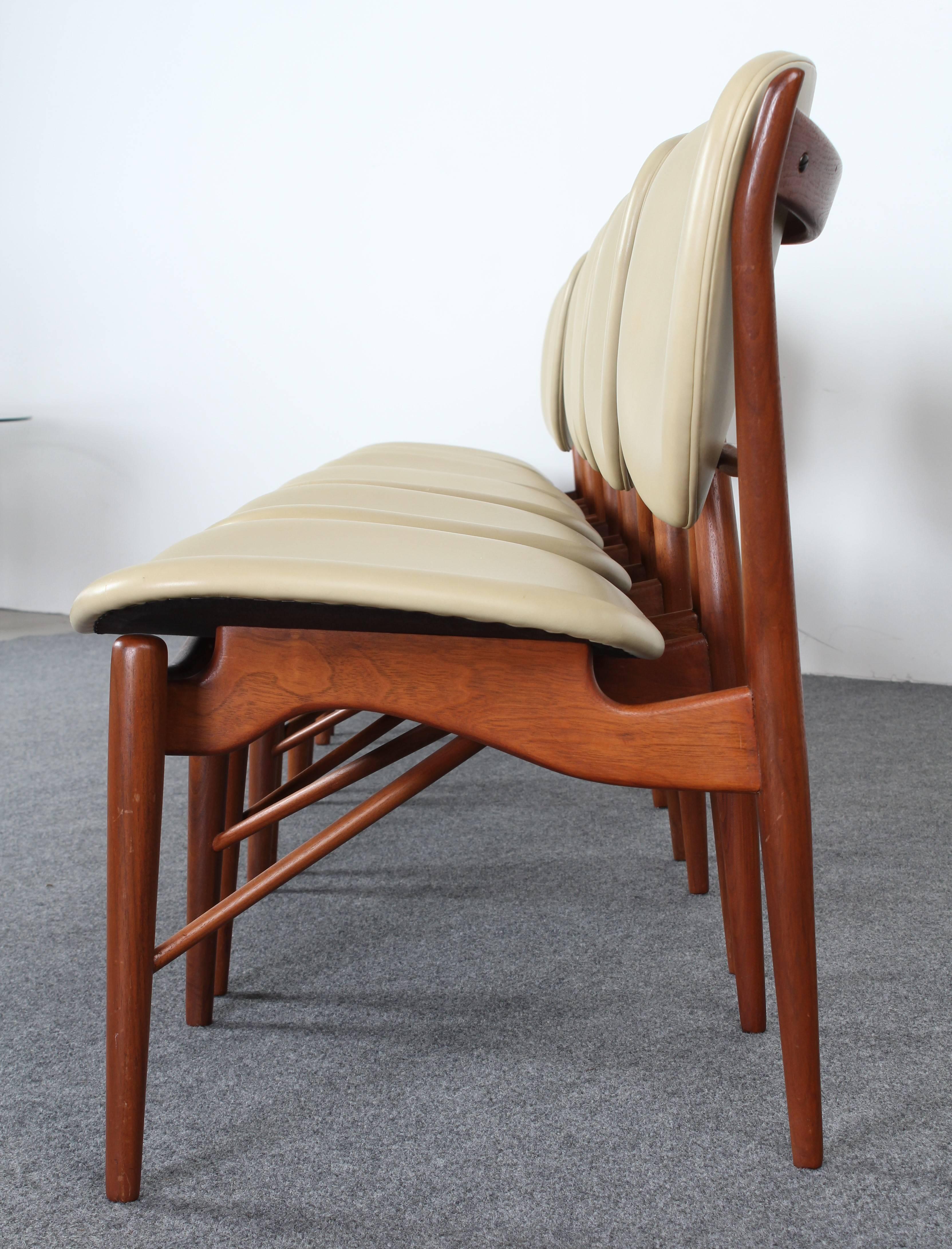 Set of six sculptural teak dining chairs designed by Finn Juhl NV-51 for Baker Furniture Company, circa 1960. These organic style chairs are well crafted and functional. Very good condition with age appropriate wear.

Dimensions: 22