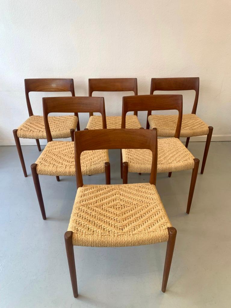 Set of 6 teak and rope dining chairs by Niels Otto Møller produced by his own company J.L. Møllers Møbelfabrik, Denmark ca. 1960
Not sure if the rope is original but very nicely executed by a professional. The previous owner who grew up with the