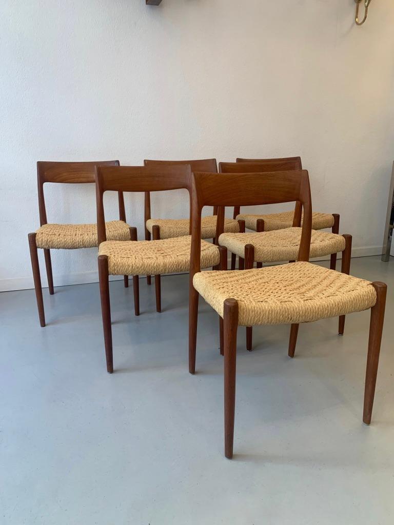 Danish Set of 6 Teak & Rope Dining Chairs Model 77 by Niels O. Møller, Denmark ca. 1960