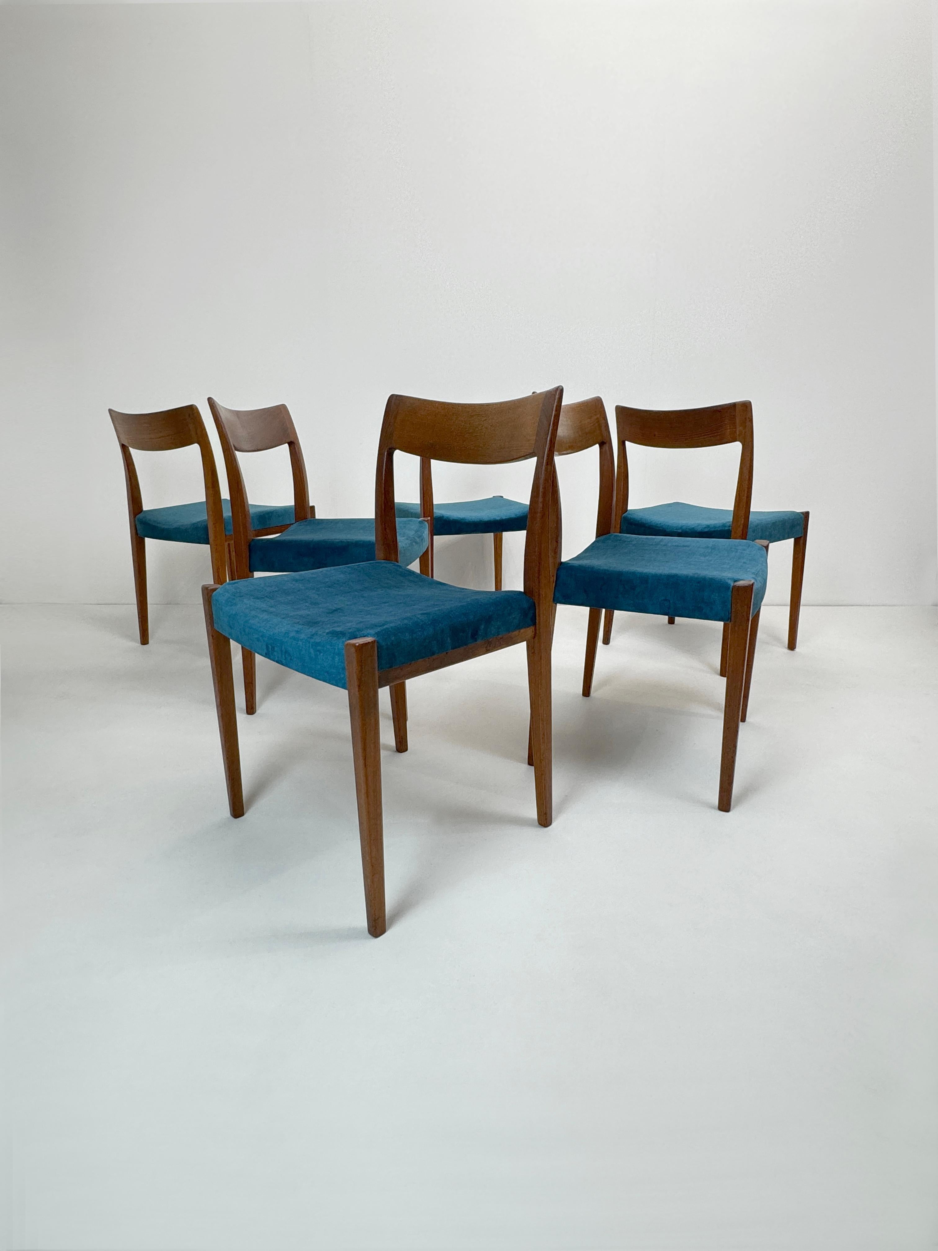Mid-Century Modern Set of 6 Teak & Velour Dining Chairs, by Nils Jonsson for Troeds, Sweden, 1960's