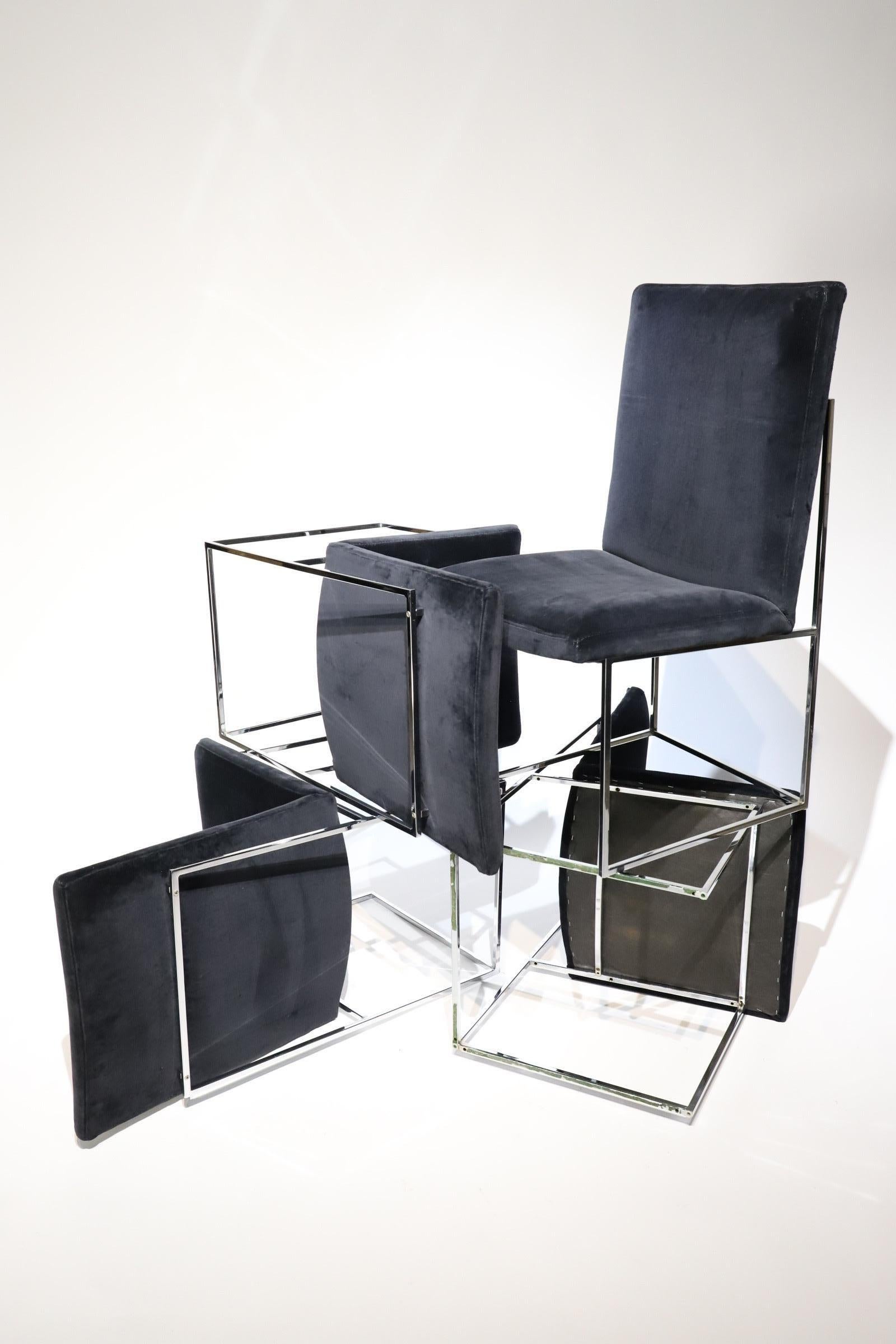 Absolutely stunning set of six square chrome tubular dining chairs by Milo Baughman for Thayer Coggin. Set consists of four high back side chairs and two low arm chairs. The chairs upholstery started off life in a 1970s orange fabric and where