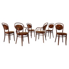 Set of 6 Thonet Bent Wood Bistro Chairs with Fall Velvet Fabric Seats and Back