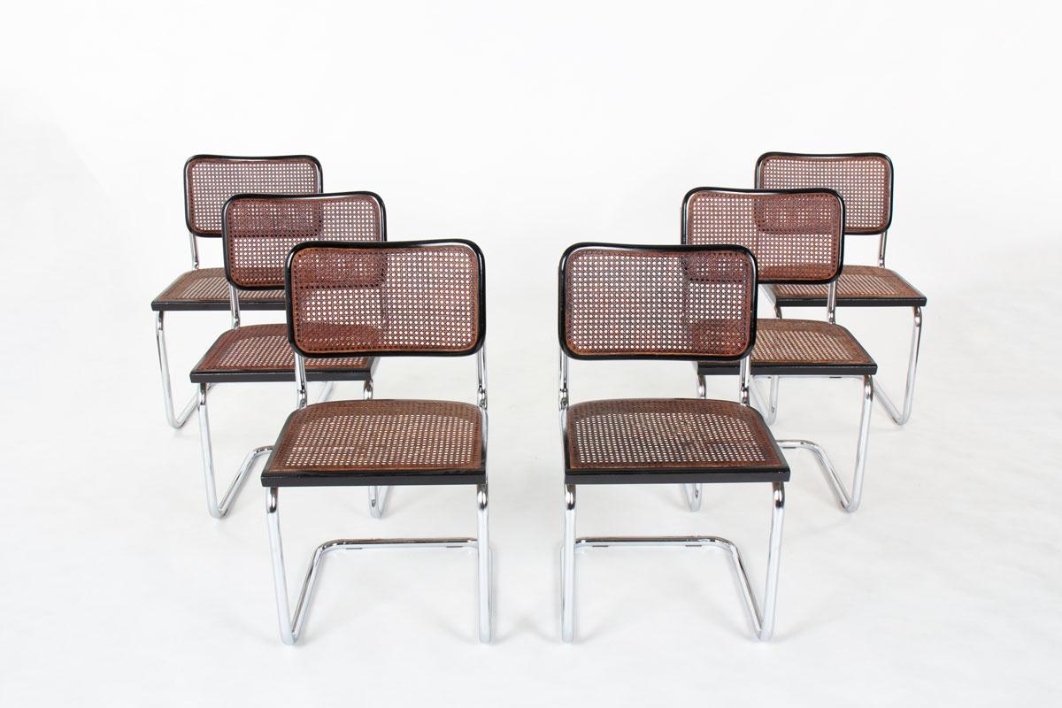Dieses Set aus sechs Cesca B32-Stühlen ist eine Thonet-Edition aus den 1970er Jahren des ikonischen Modells, das in den 1930er Jahren von Marcel Breuer, einem der führenden Vertreter der Bauhaus-Bewegung, entworfen wurde. Der als Meilenstein des