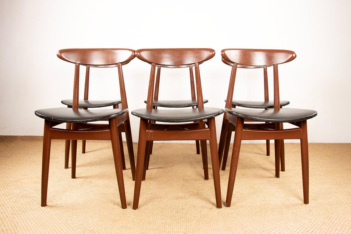 Set di 6 sedie da pranzo Thonet in legno laccato marrone e similpelle nera, 196 in vendita 6